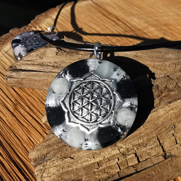 Orgone Anhänger ENERGETISCHER SCHUTZ Schwarzer Turmalin Lebensblume S925 Spaltring ⌀3cm ↑1cm