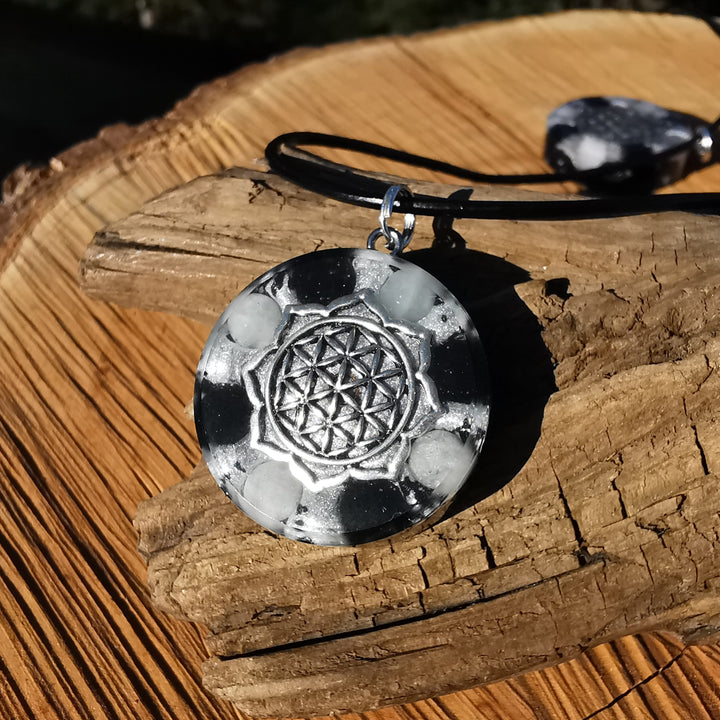 Orgone Anhänger ENERGETISCHER SCHUTZ Schwarzer Turmalin Lebensblume S925 Spaltring ⌀3cm ↑1cm