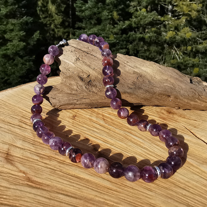 Edelsteinkette AUFSTIEG mit SUPER SEVEN Amethyst in Extraqualität 10mm Kugeln S925