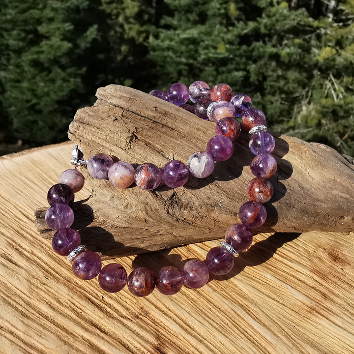 Edelsteinkette AUFSTIEG mit SUPER SEVEN Amethyst in Extraqualität 10mm Kugeln S925