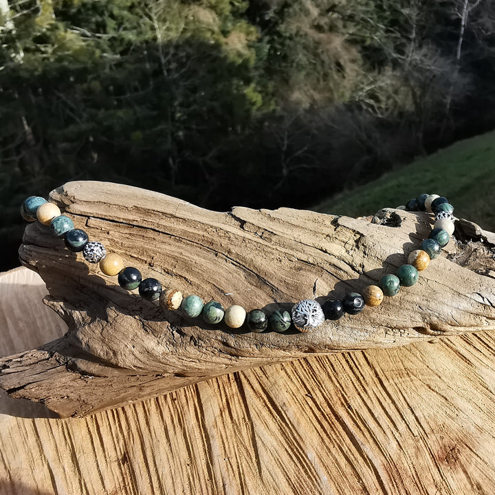 Edelsteinkette FRIEDEN mit Eldarit & Bilderjaspis S925 Lebensbaum 6mm Kugeln