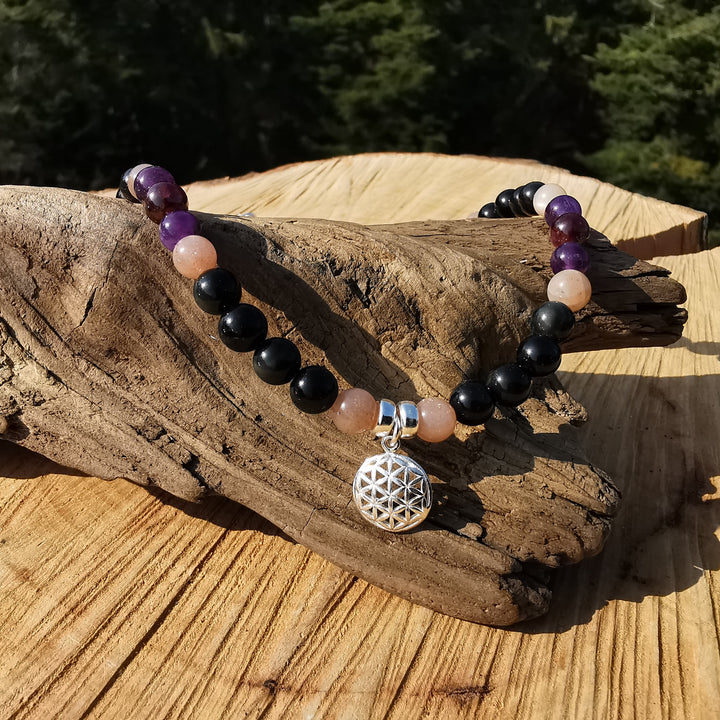 Edelsteinkette ZUFRIEDENHEIT mit Regenbogenobsidian, Sonnenstein, Granat, Amethyst & Lebensblume S925 6mm Kugeln