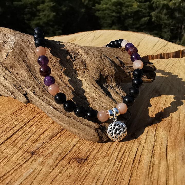 Edelsteinkette ZUFRIEDENHEIT mit Regenbogenobsidian, Sonnenstein, Granat, Amethyst & Lebensblume S925 6mm Kugeln