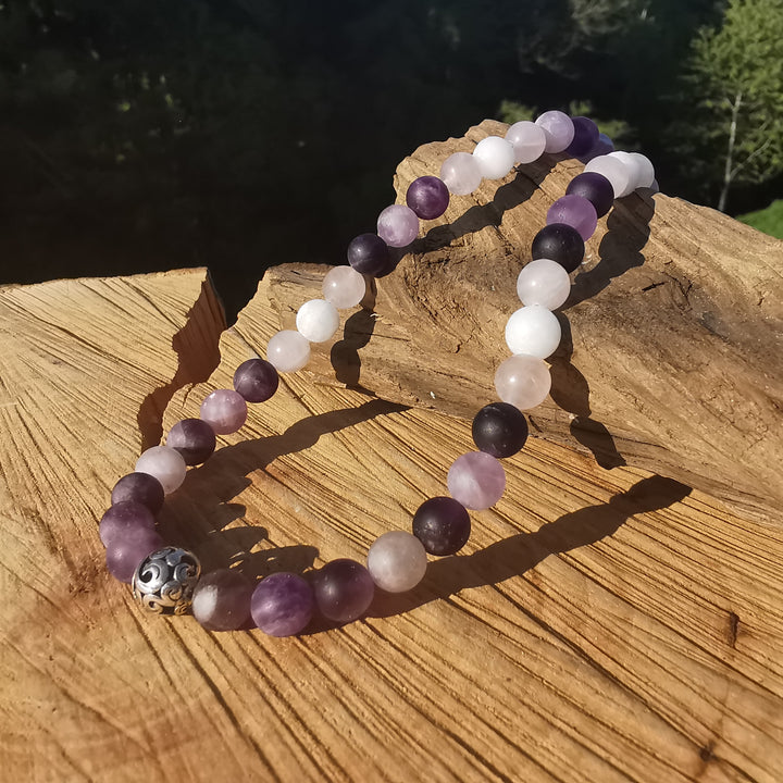 Edelsteinkette INNERER FRIEDEN Amethyst Baryt Rosenquarz 8mm Kugeln S925