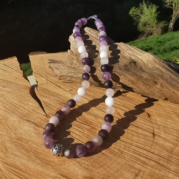 Edelsteinkette INNERER FRIEDEN Amethyst Baryt Rosenquarz 8mm Kugeln S925