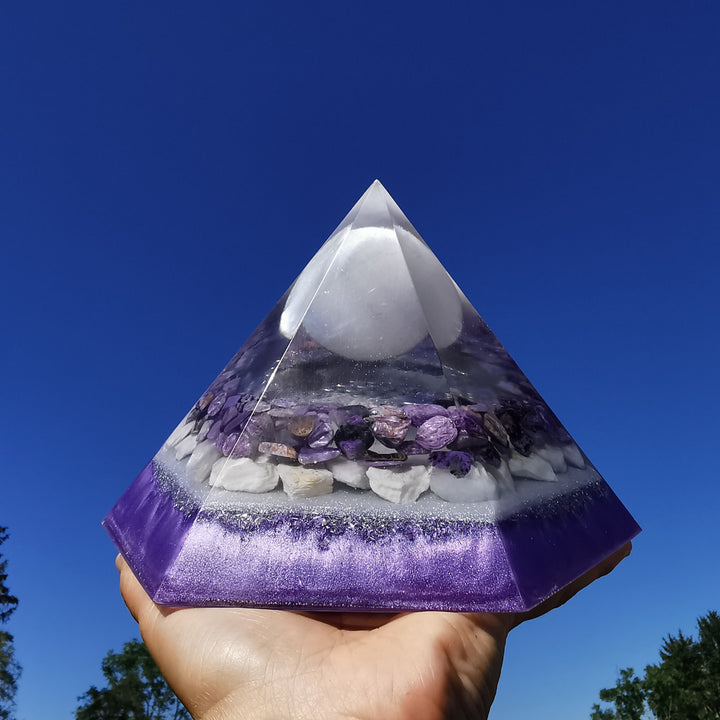 Orgone Hexagonal Pyramide STILLE Selenit Charoit Baryt Lepidolith 19cm
