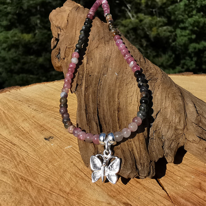 Edelsteinkette GOOD VIBES mit Turmalinen S925 Schmetterling 38cm 4mm Kugeln